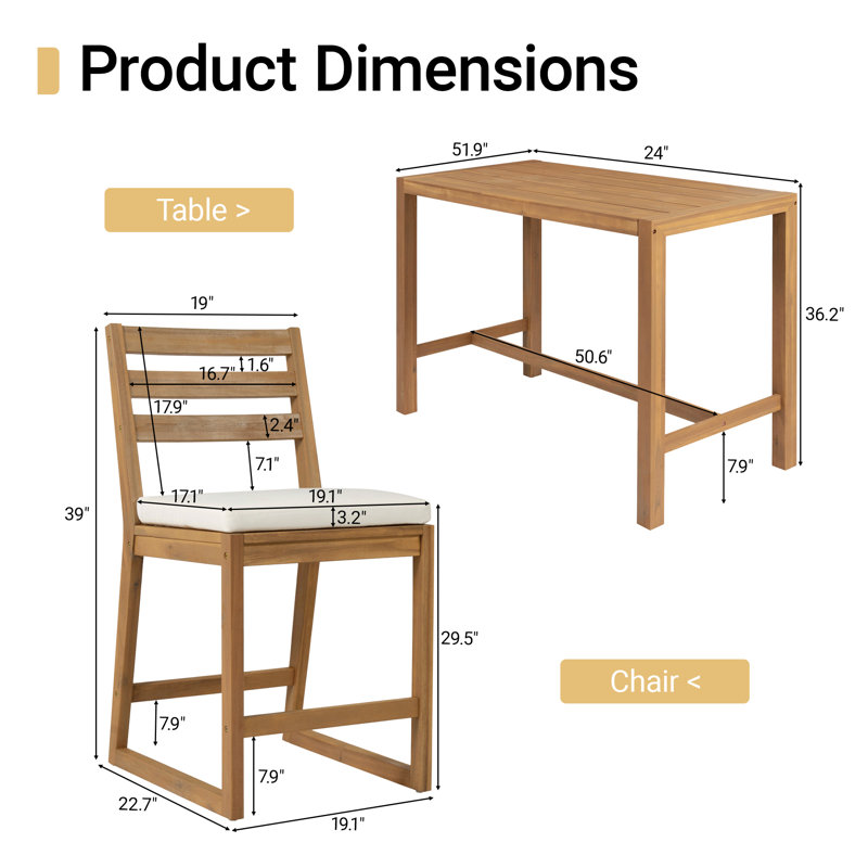 Rustic 5-Piece Acacia Wood Outdoor Bar Set with Cushions for Patio, Garden, or Poolside, LightTeak