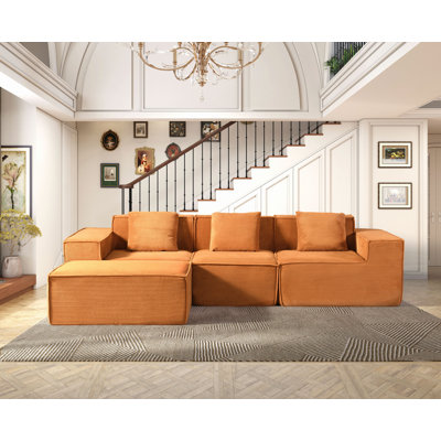 Cozyform Convertible Corduroy Sectional Couch With Ottoman & Pillows, Modular L Shaped Sleeper Sofa, Boneless Cloud Couch For Living Room Furniture