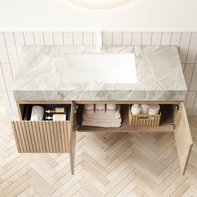 Meuble-lavabo 48 po avec lavabo en céramique, rangement en contreplaqué flottant, 2 portes, 1 tiroir, chêne blanc, meuble-lavabo en pierre frittée grise, contreplaqué, style, finition, grattoir