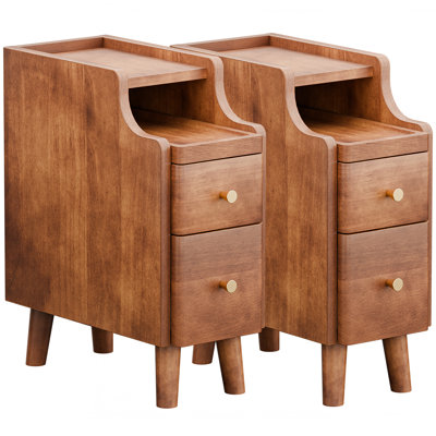 19.7" H Narrow Nightstand with Drawers, Pre-Assembled Solid Wood Small Skinny Night Stand with Open Sliding Shelf