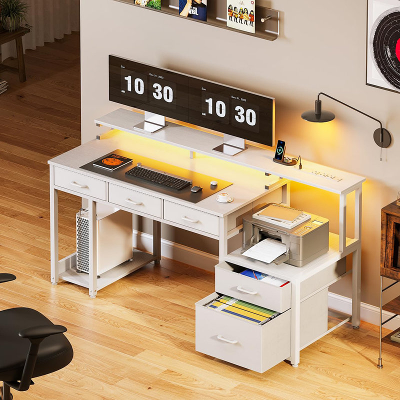 Bureau d'ordinateur de 55 pouces avec 3 tiroirs et classeur, bureau avec support pour écran et lumière DEL, Blanc