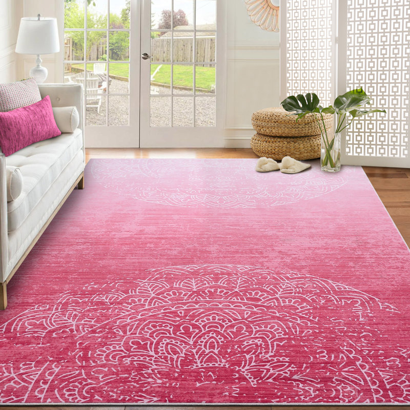 Area Rug 5x7 Washable Rug for Living Room Modern Abstract Rug Distressed Ombre Rug with Non Slip Backing, Medallion Rug, Soft Stain Resistant Thin Rug, Cozy Indoor Foldable Rug, Pink