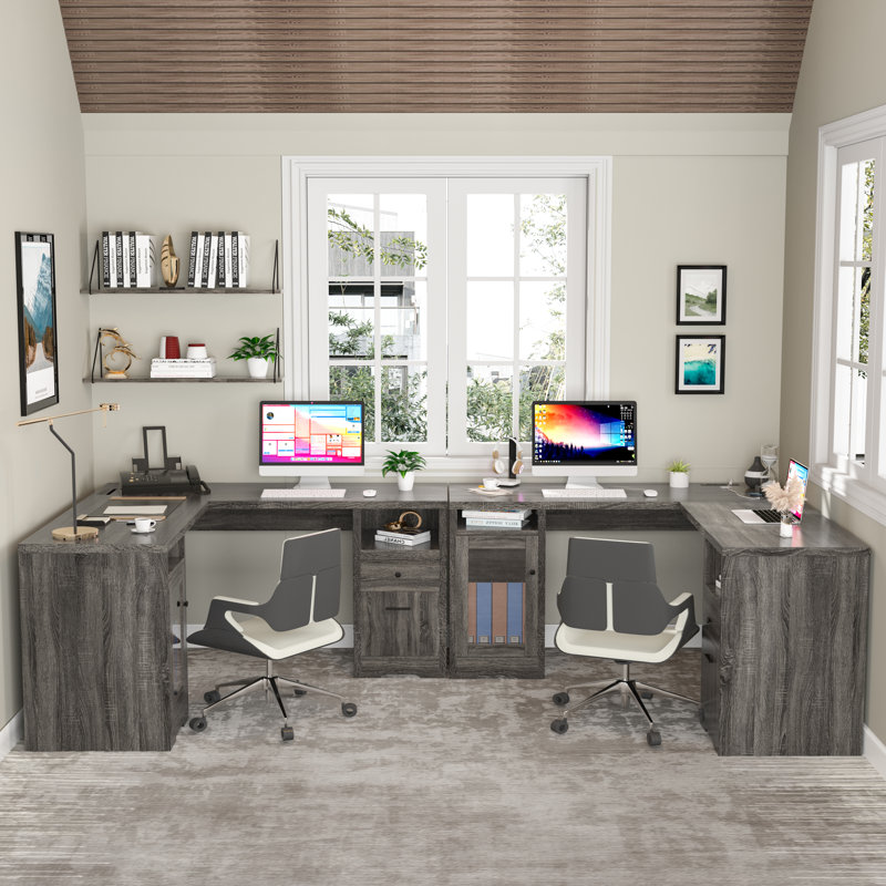 Chizuko 59'' W L-Shaped Executive Desk with Cabinet, Gray