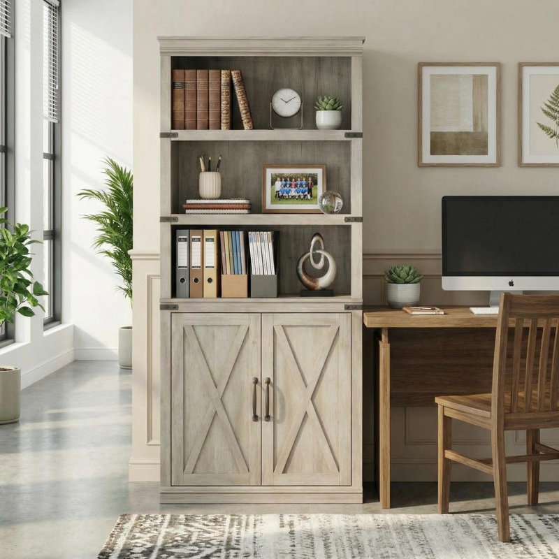 Duanna 5 Tier Bookcase with Cabinet, Farmhouse BookShelf with Storage Doors, for Home Office, Living Room, Gray