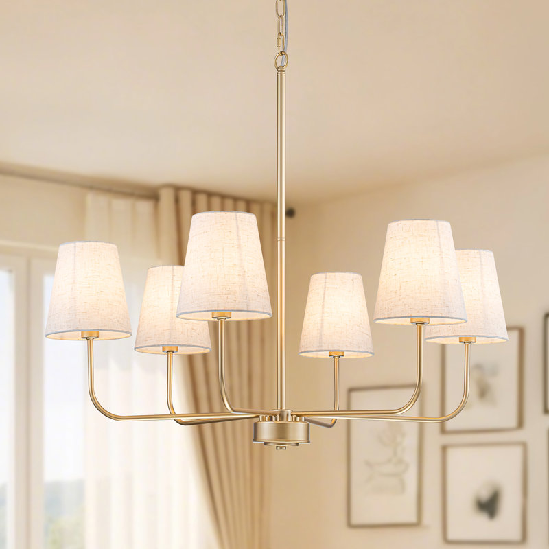 Lustre en métal 6 lumières Velora avec abat-jour en lin blanc, Doré