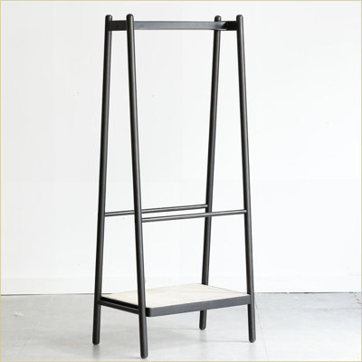 Portemanteau avec tablettes, bois de chêne massif noir Portant debout en rotin | Noir | Bois massif
