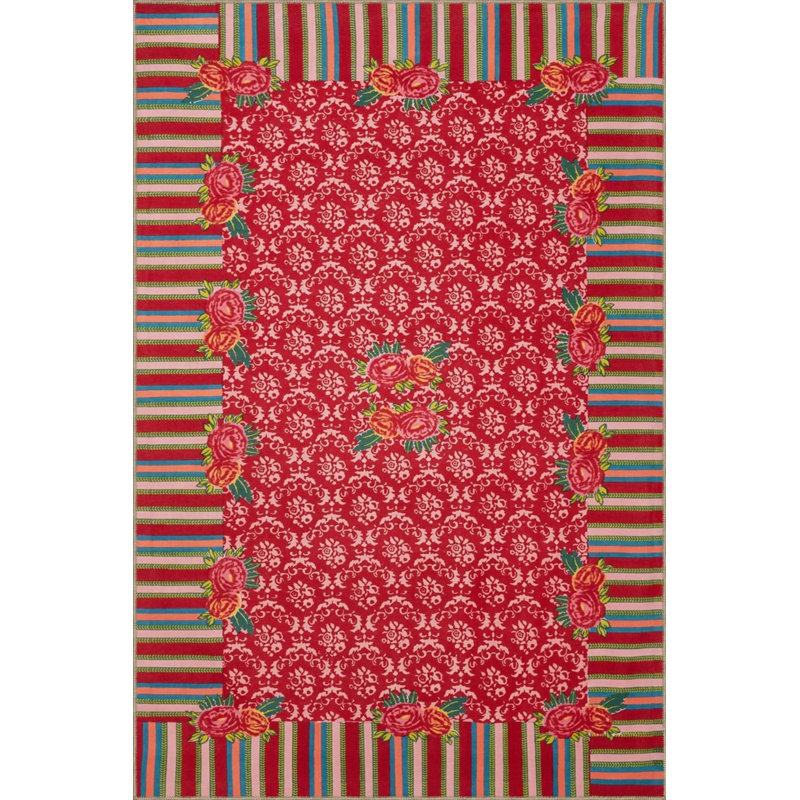 Geometric Red Floral Patterned Woven Floor Carpet, Rectangle 3'4" x 6'7"