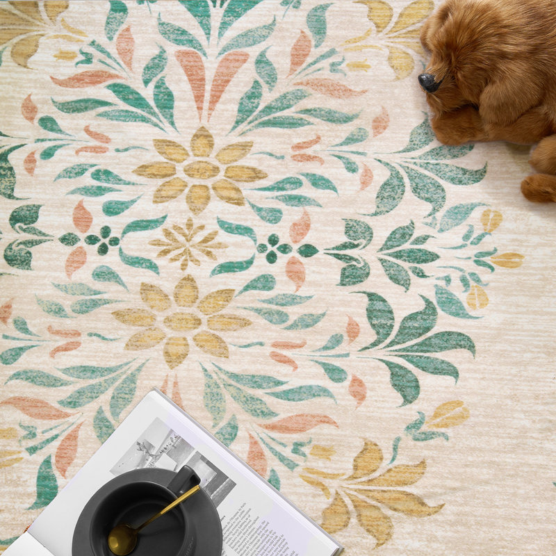 Vintage Floral Distressed Design Non-Slip Low-Pile Soft Thin Faux Wool Area Rug, Round 4'
