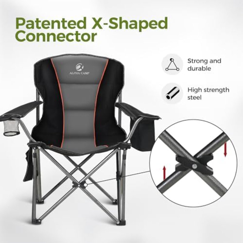 Chaises de camping surdimensionnées entièrement rembourrées avec support lombaire | Armoire en acier robuste de 500 lb, robuste, durable, sac isotherme, tissu Oxford 600D, porte-gobelet, sac de transport, poche, facile à installer