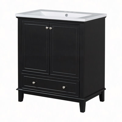 Ensemble de meuble-lavabo 30 po avec lavabo, armoire de salle de bain multifonctionnelle avec portes et tiroir, structure solide et panneau de fibres à densité moyenne