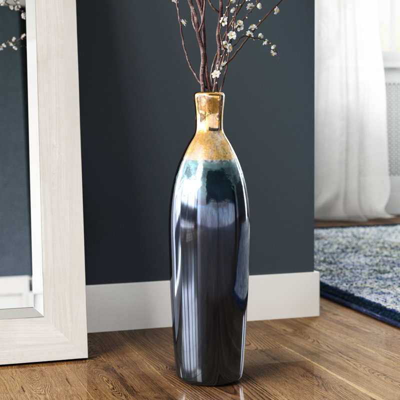 ClayBarn Patina Artisan Ceramic 20.5'' H Verde Skinny Bottle Vase, Blue/Gold