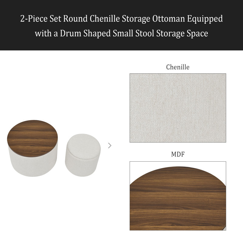 2-Piece Set Round Chenille Storage Ottoman, Equipped With A Drum Shaped Small Stool, Storage Space, And MDF Made Desktop Panel
