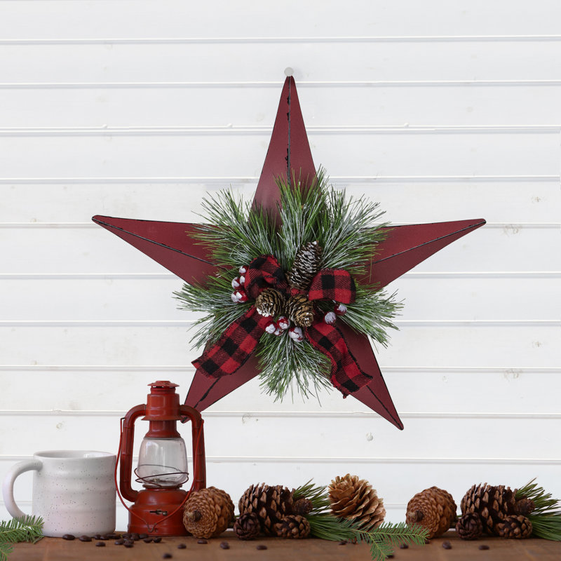 Étoile de Noël 17 po à 5 pointes avec ruban écossais et pin artificiel, Rouge