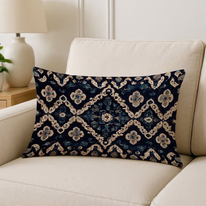 Coussin décoratif intérieur / extérieur gris Modern Modern, Gris / noir / bleu géométrique, Rectangle H 25 po x l 18 po