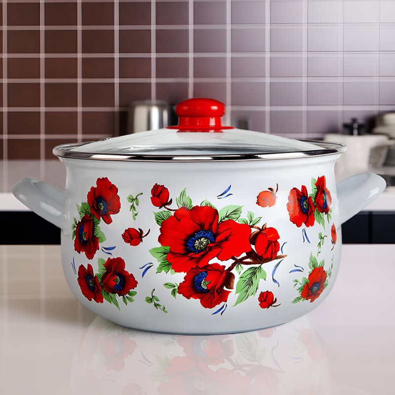 Casserole en émail de style campagnard traditionnel avec couvercle en verre, 6,55 pte