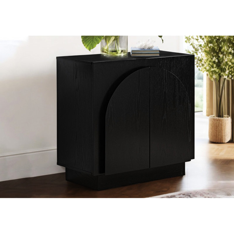Armoire décorative Mid-Century moderne noir, rangement de salon ou de cuisine, portes arquées, finition chêne, idéal pour un décor moderne, silhouette arrondie, chêne, assemblage facile