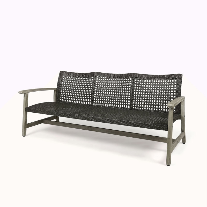 Outdoor Acacia Wood Wicker 3 Seater Sofa, Patio Furniture Conversation Set For Backyard, Gray