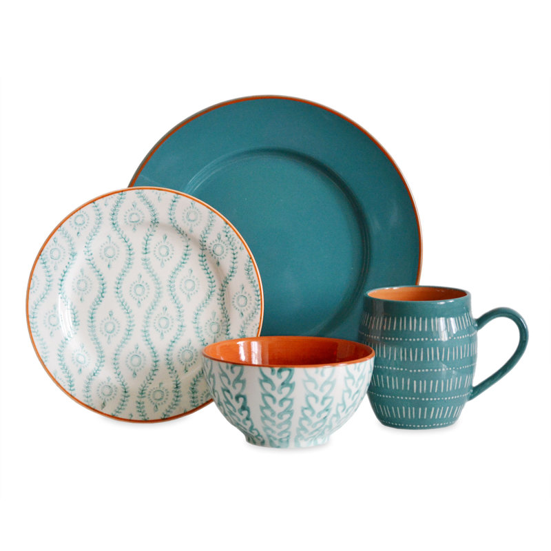 Turquoise Glazed Ceramic 16-Piece Dinnerware Set with Trim Embellishment