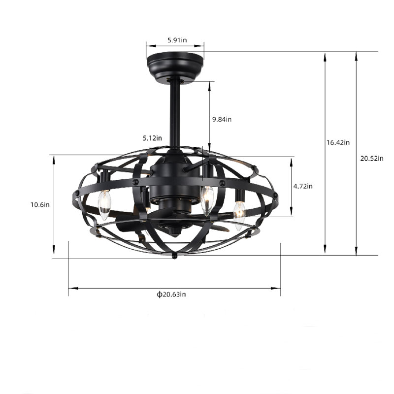 Ganessa 20'' Ceiling Fan with Light Kit, Black with Black Blades