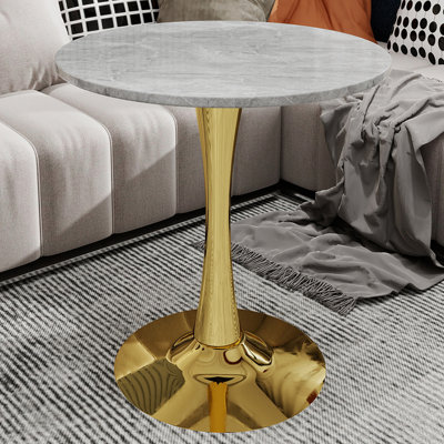 Table d'appoint ronde en marbre avec base piédestal conique, idéale pour le salon, design minimaliste moderne