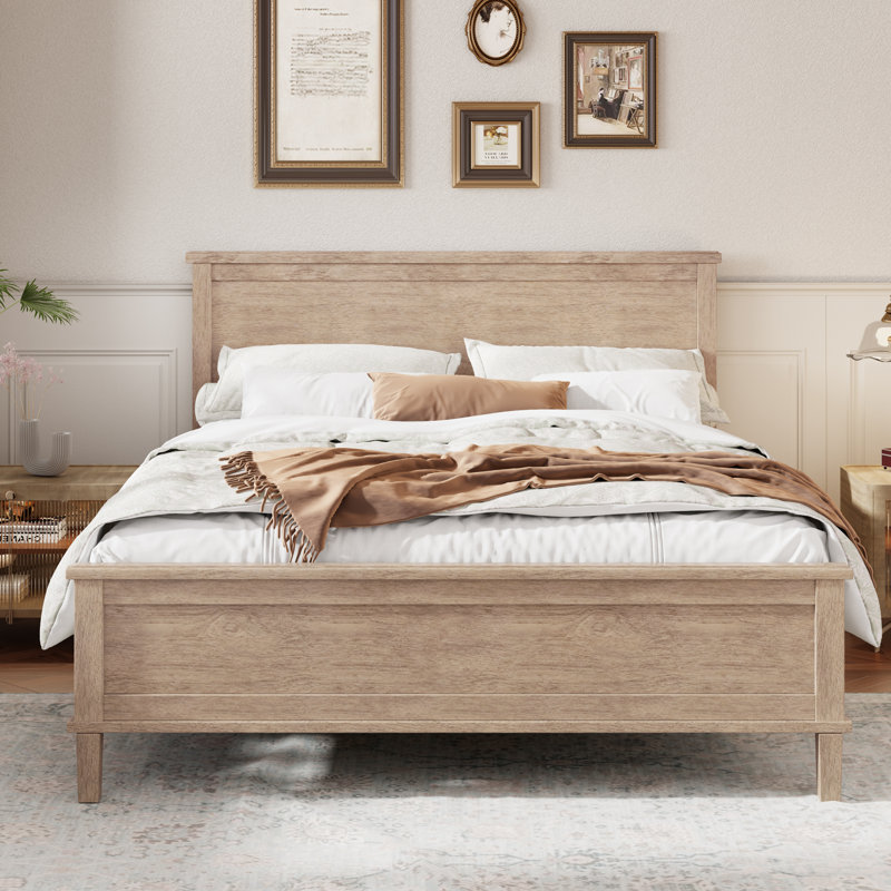Lit plateforme en bois de style milieu du siècle, format king, avec tête de lit et sommier à lattes, coloris Seadrift, cadre de lit de style Japandi