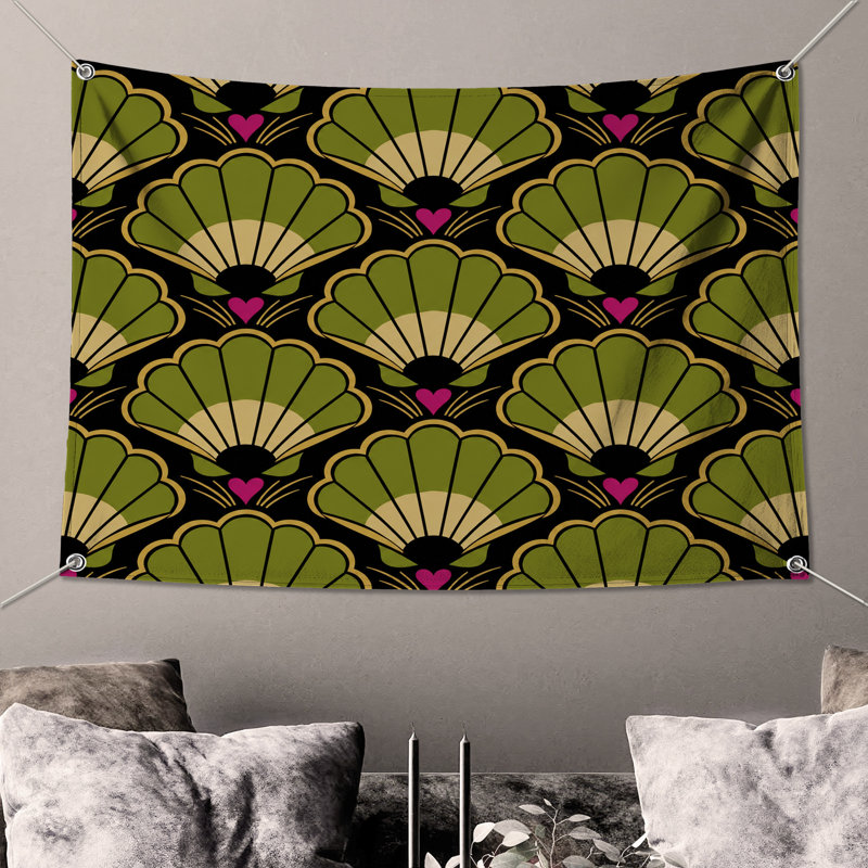 Tapisserie murale verte coquilles Art déco - Décoration murale coquillages, 50in H x60in W with 4 Grommets