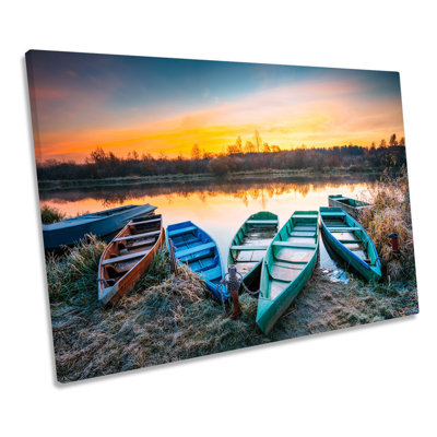 X5337 Frosty Lake Boats Sunset - Wrapped Canvas Print