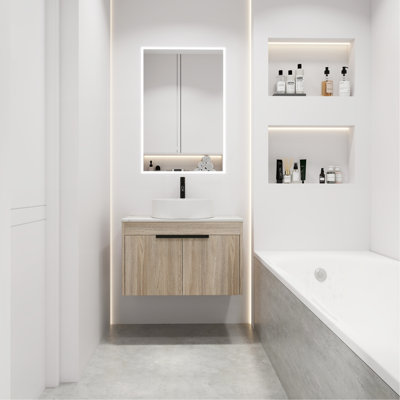 Ensemble de meuble-lavabo moderne 30 po avec lavabo en céramique, meuble-lavabo mural en chêne blanc avec porte à fermeture en douceur