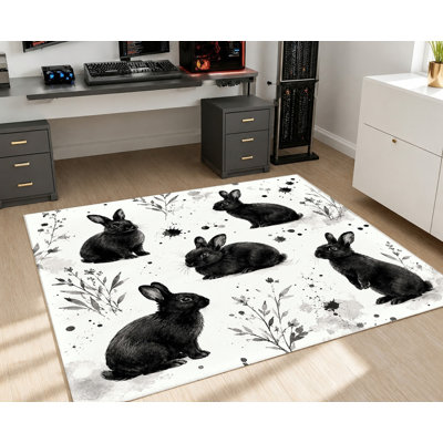 Tapis lavable en machine à motif de lapin avec envers antidérapant, motif lapin noir mignon et éclaboussures d'encre artistiques, décoration intérieure confortable pour salon, chambre, dortoir, entrée, cuisine, balcon, appartement