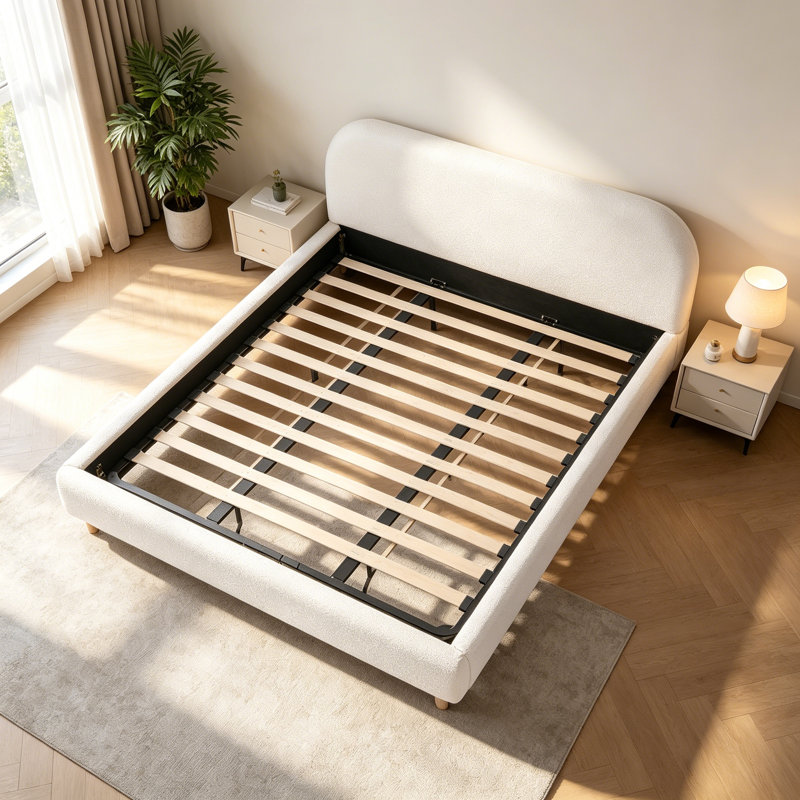  King Size Curve-Shaped Headboard Boucle Fabric Upholstered Bed Frame, With Metal Frame No Spring Box Needing Bed, King