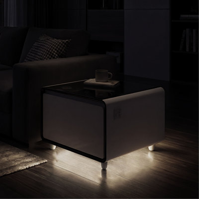 Modern Smart Side Table with Fridge, Wireless Charging, Temperature Control, Power Socket, USB Ports, Outlet Protection, Induction Light
