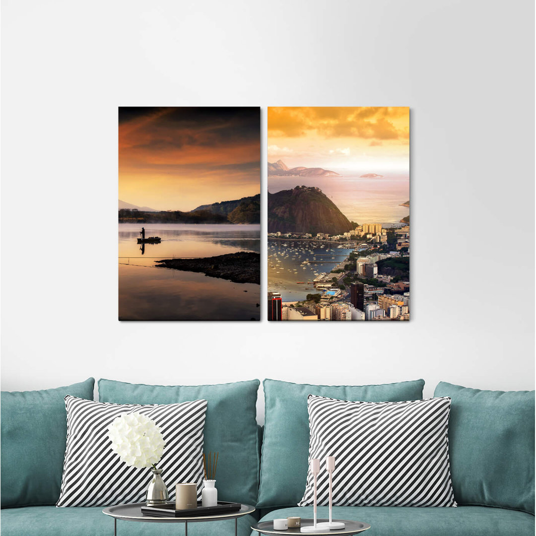 2-tlg. Leinwandbilder-Set - Grafikdruck „Fisherman Morning Dew Sunrise Rio De Janeiro Mountains Sea Brazil”