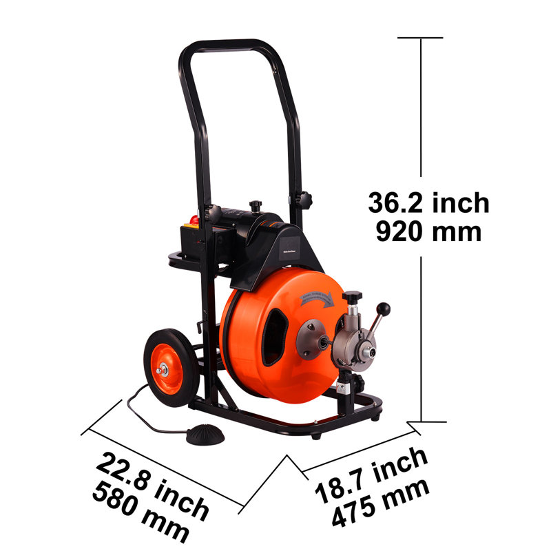 Machine à nettoyer les drains 100 pi x 3/8 po, alimentation automatique de la machine à égouts, tarière avec 4 couteaux et interrupteur à pédale à commande pneumatique pour tuyaux de 1 po à 4 po