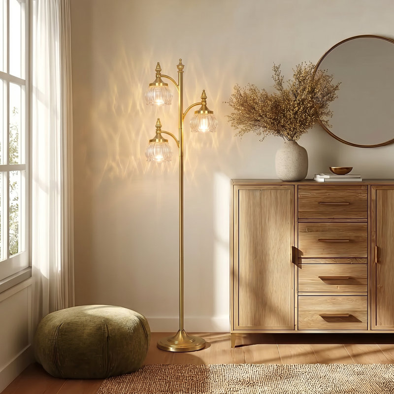 Gold Floor Lamp For Living Room,Tall Standing Lamp Dimmable Tree Floor Lamps With 3 Rotatable Lights Glass Flower Shade 66.5'' Modern Corner Lamp For Bedroom Office(3LED Bulbs Included)