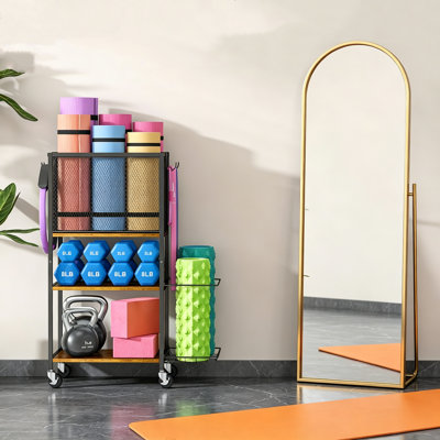 Support de rangement pour la gymnastique à domicile avec roues et crochets pour tapis et poids de yoga