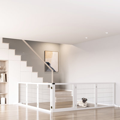 170" Freestanding Wooden Dog Gate, White. Foldable Pet Fence. 6 Design With 2 Support Feet. Stable Pinewood & Steel Construction. Easy Access. For Small To Medium Dogs. Ideal For Doorway, Stairs,