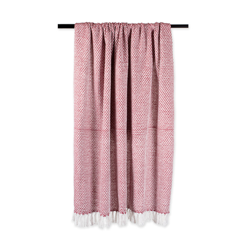Barn Red Cotton Woven Throw with Sherpa Fringe