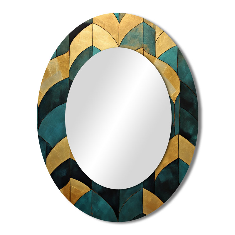 Emerald and Golden Arches V - Grand miroir mural ovale sur métal, 43 po x 33 po