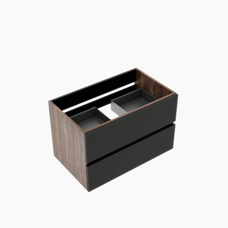 Meuble-lavabo flottant mural Mid-Century de 30 pi, double tiroir, grain de bois, système silencieux, meuble-lavabo moderne à grande capacité avec laque à base d'eau noire E0, poignée cachée, en forme de U