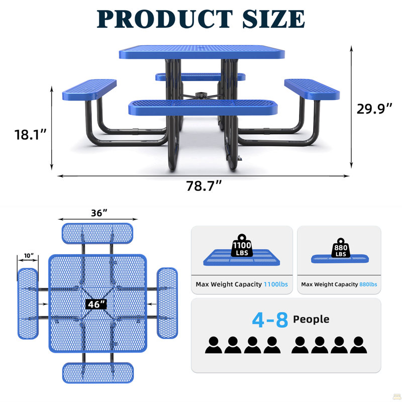 Table de pique-nique carrée bleue de 46 pouces avec trou pour parasol, Bleu