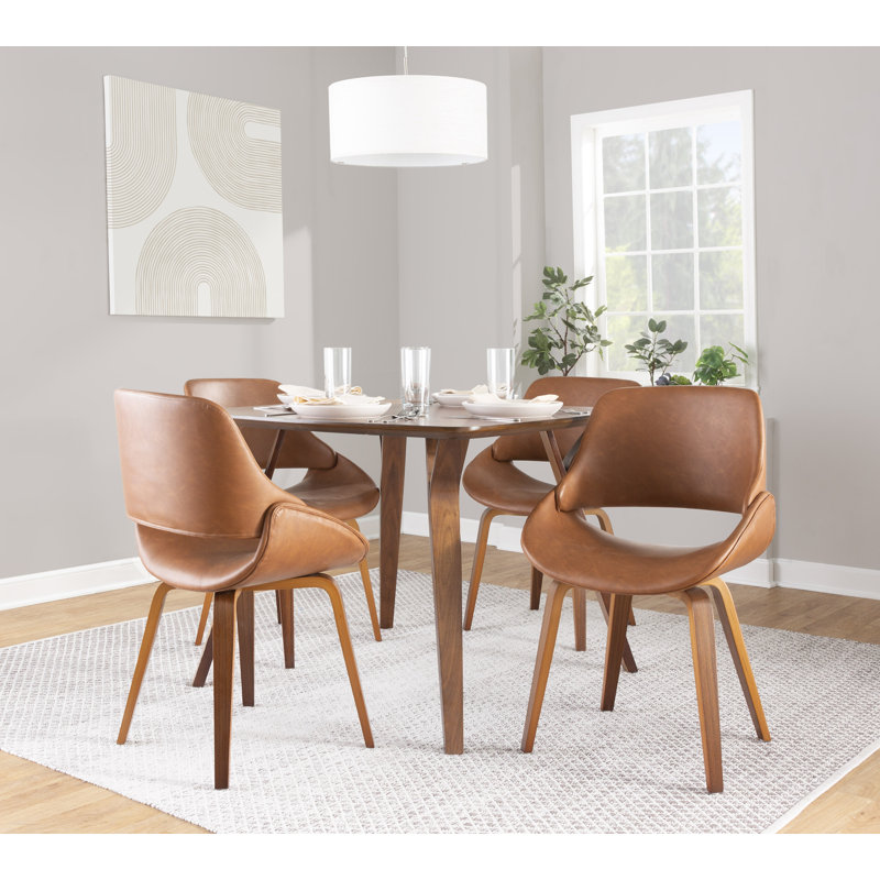Najrin Upholstered Side Chair with Bent Wood Legs, Camel Faux Leather, Walnut Bent Wood