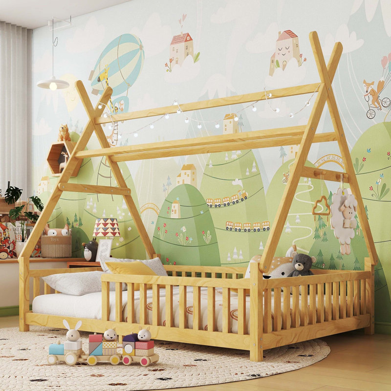 Lit double pleine grandeur à plancher bas avec lumière, clôture et toit pour enfants, naturel, Lit double, Naturel