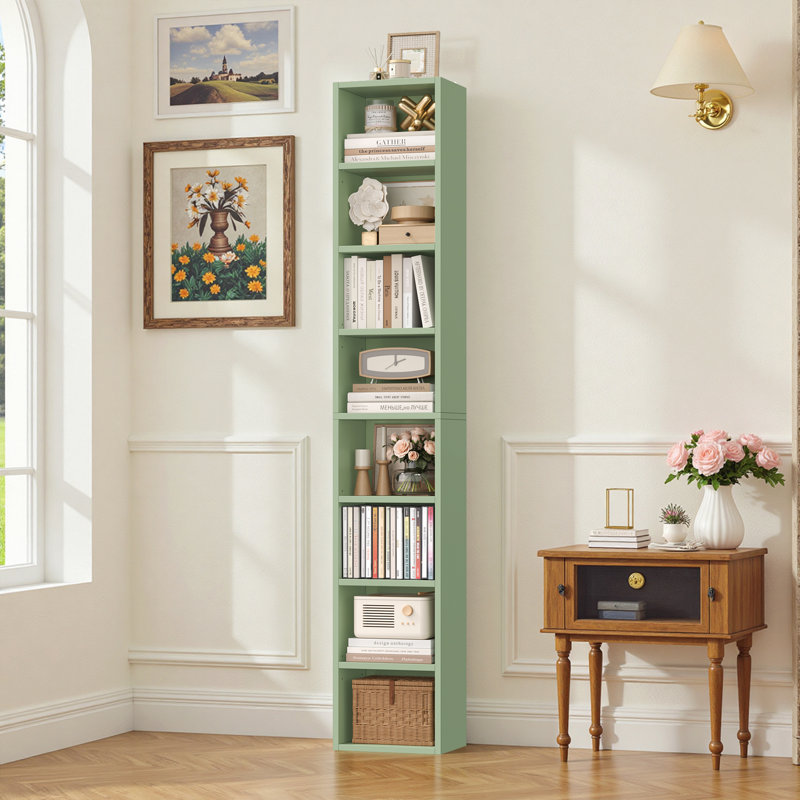 Gracyn 8-Tier Narrow Bookshelf With Adjustable Shelves, Green, 1