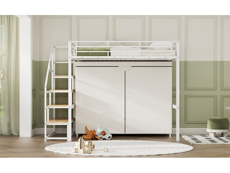 Lit mezzanine avec garde-robe et tablettes de rangement, Lit double