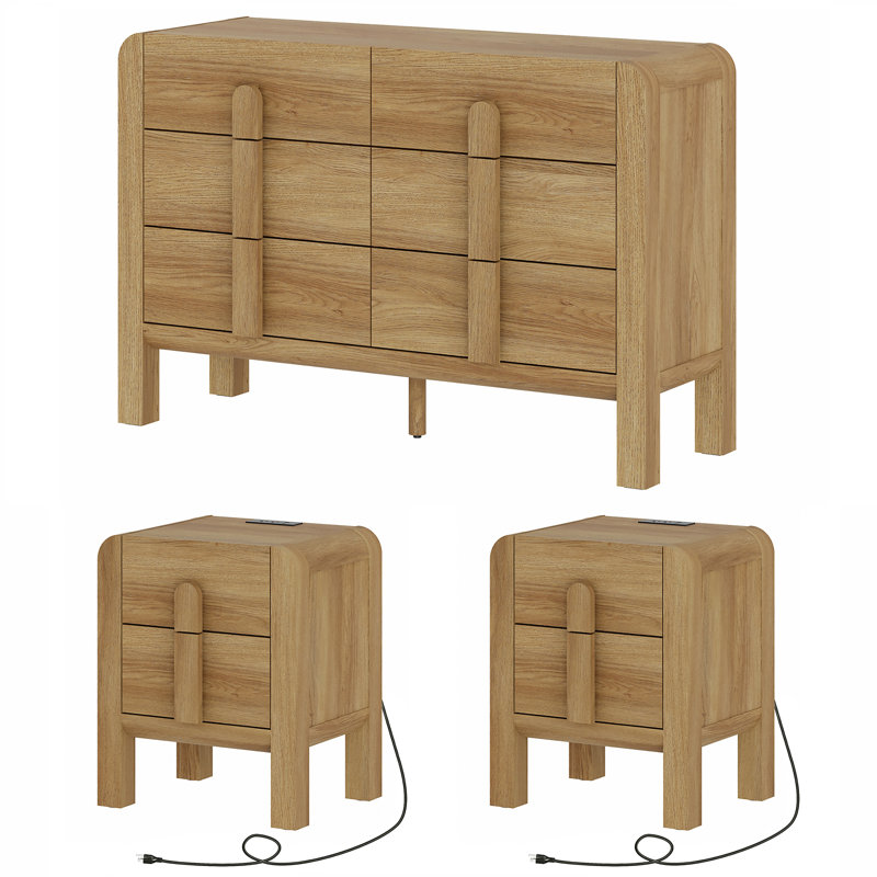 Ensemble de commode et de table de chevet 6 tiroirs Mid-Century, Noyer