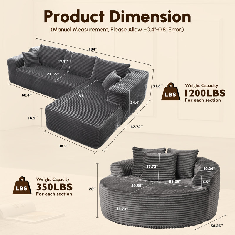 3-Piece No-Assembly Living Room Set, Modern Sectional Sofa With Loveseat And Chaise Lounge, Right Hand Facing, Gray Corduroy