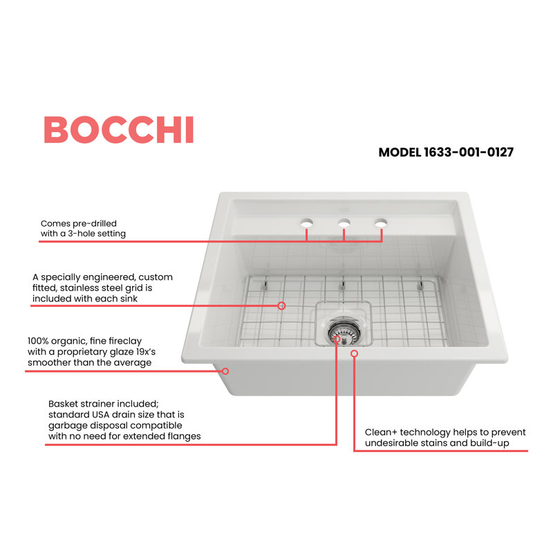 Baveno 27 in. L Dual Mount Single Basin Kitchen Sink, 3 hole, White