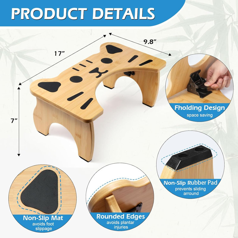 Tabouret de toilette en bambou pliable, tabouret de merde 7 po pour salle de bain