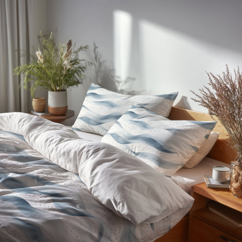 Dots Bedding Set 3 Pcs - Modern Dotted Wave Silver Blue Duvet Cover And Throw Pillow Set, King Duvet Cover + 2 King Shams