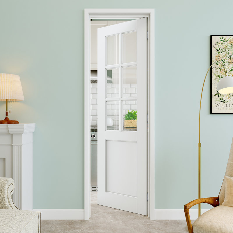 Porte pré-suspendue en verre transparent 32 po x 80 po à 6 lumières avec charnières argentées, plaque de porte en verre transparent, pouvant être peinte et imperméable, combinaison pour la lessive, portes de placard, portes de chambre, main gauche